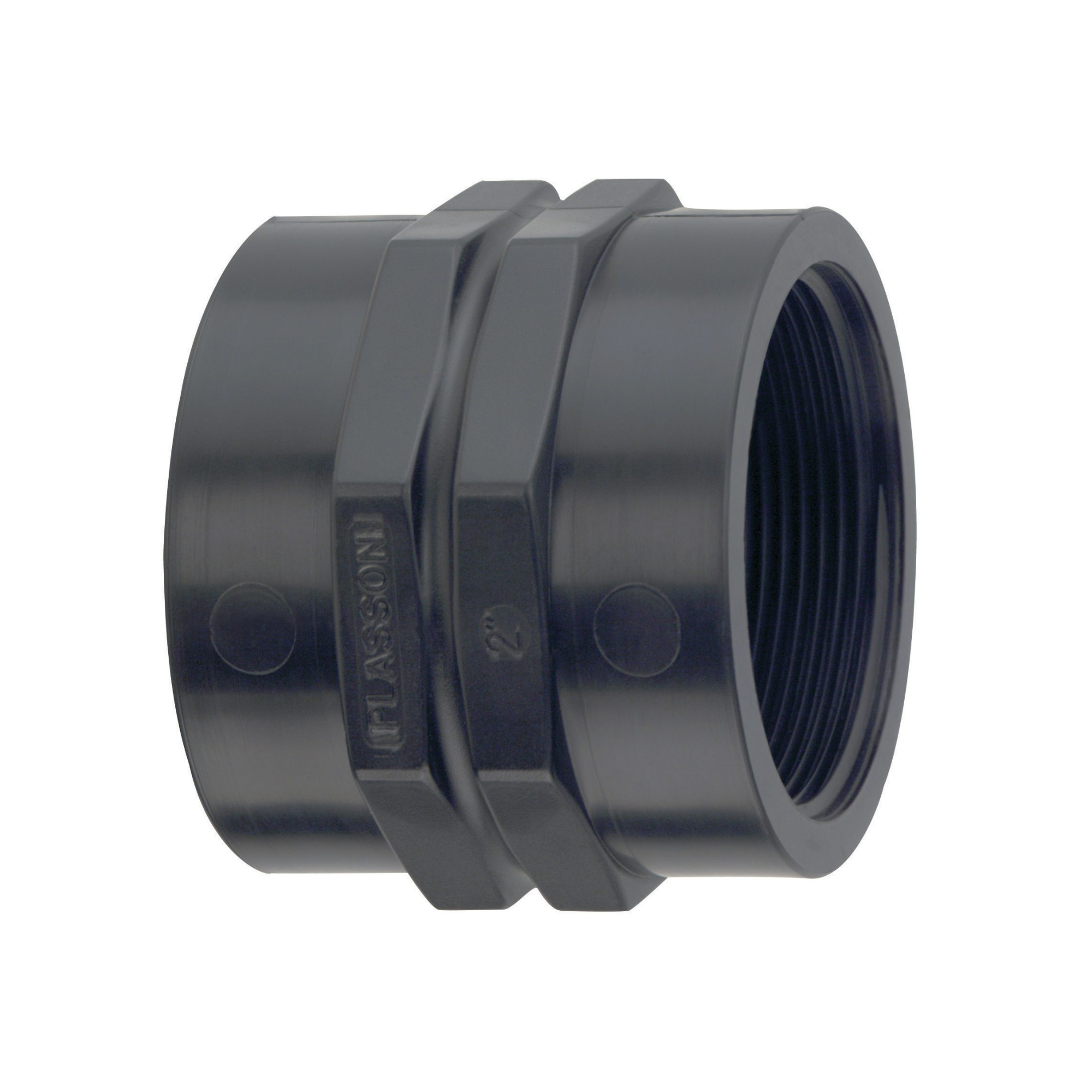 Close-up of a Plasson threaded socket, designed for irrigation and plumbing systems, featuring durable construction for securely connecting two pipes or fittings with threaded ends