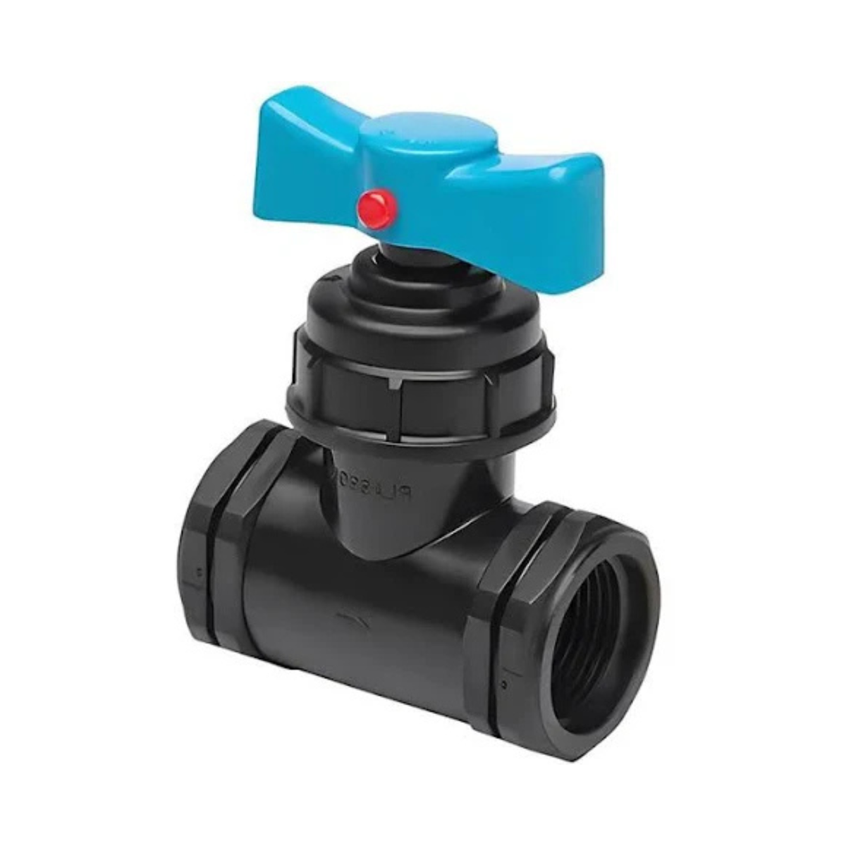 Close-up of a Plasson threaded stop tap, featuring a robust design for controlling water flow in irrigation  systems, equipped with threaded connections for easy installation