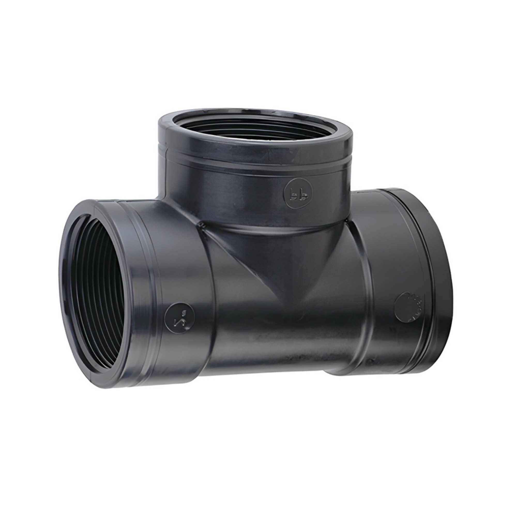 Close-up of a Plasson threaded tee, designed for connecting three sections of pipe in irrigation systems, featuring durable construction for secure and reliable fittings