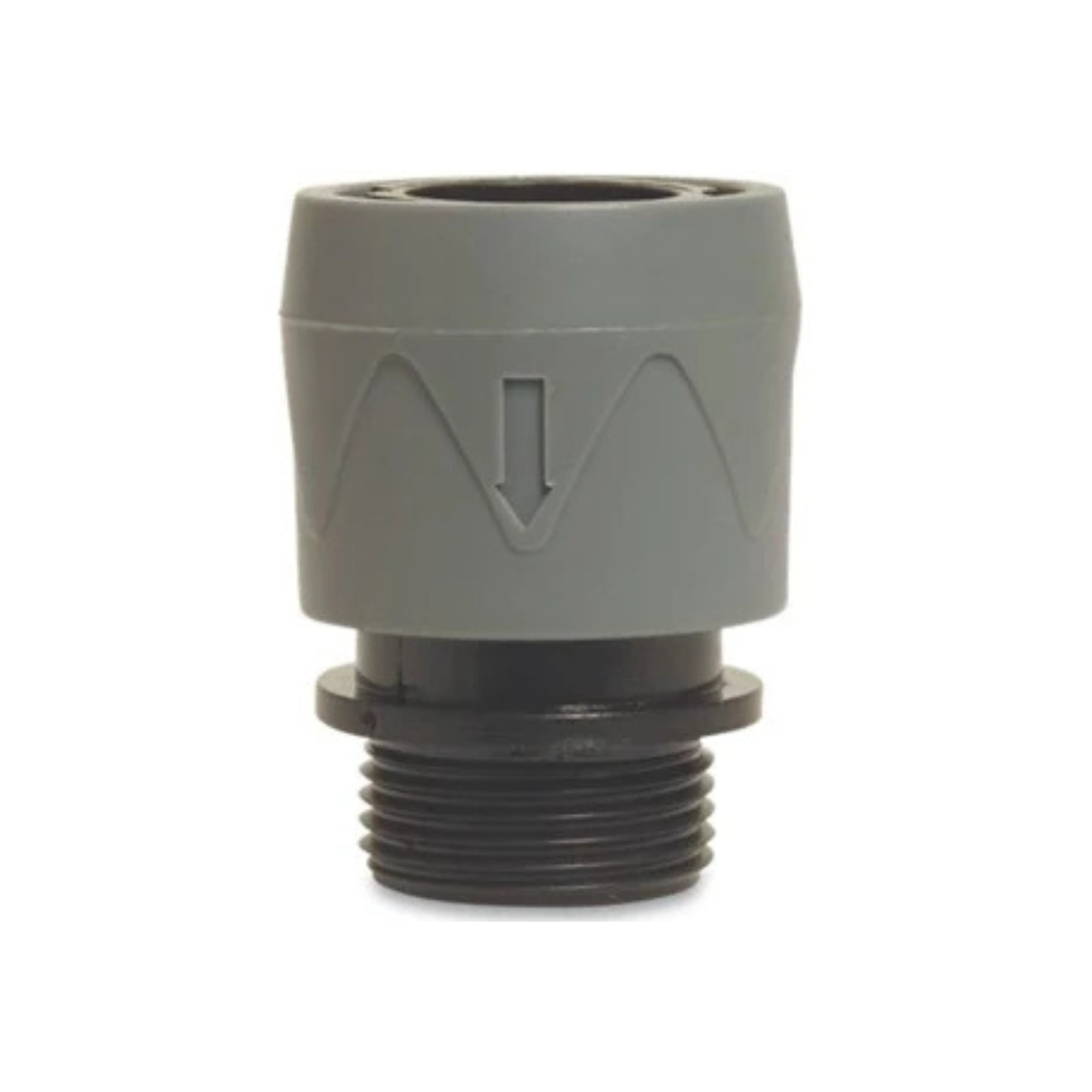 Close-up of a plastic click connector, ¾” BSP male x female, in grey and black, designed for easy and secure connections in irrigation systems, featuring durable construction for reliable performance