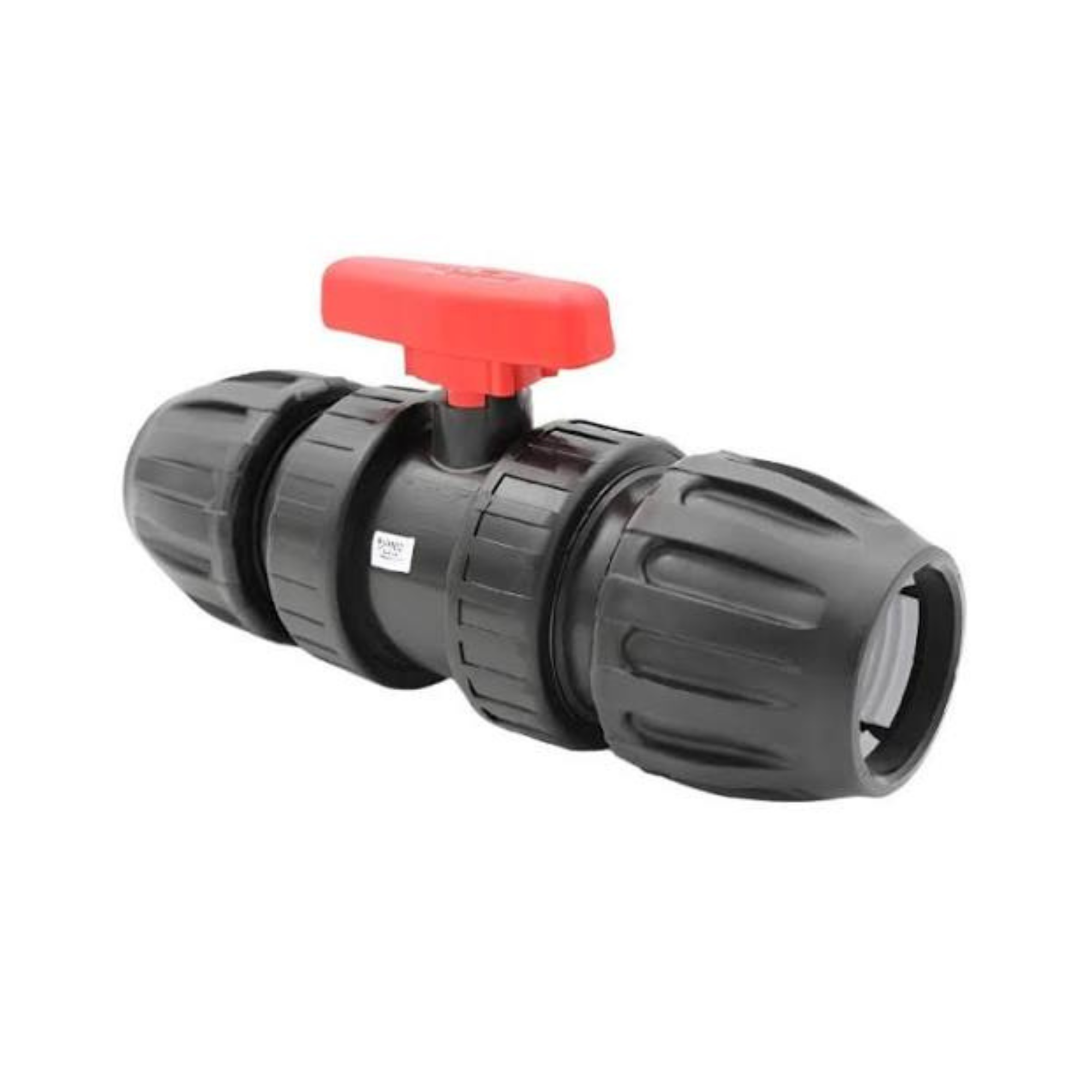 A black plastic ball valve connector with a red hand wheel, shown on a plain white background.