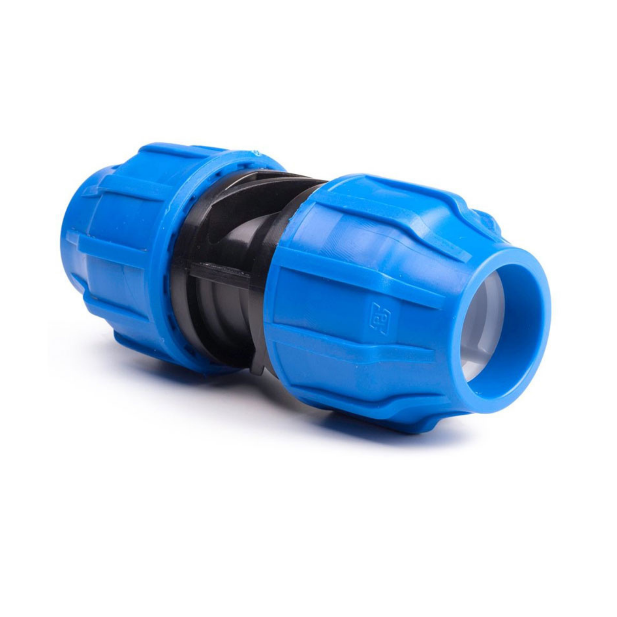 A blue and black plastic connector fitting, likely for plumbing or irrigation systems, shown on a clean white background.