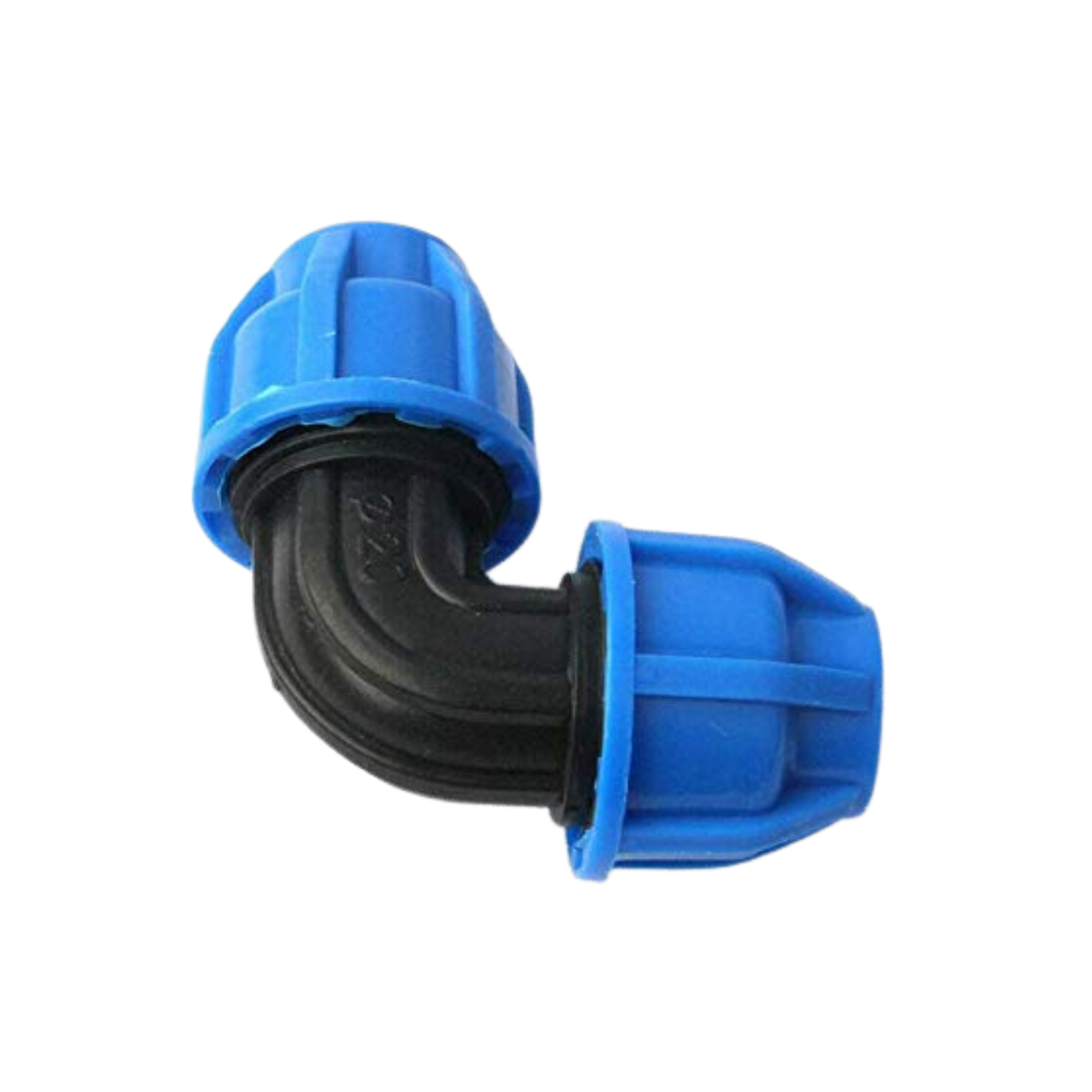 A 90-degree elbow pipe connector with a black rubber body and blue plastic end caps, shown on a plain white background.