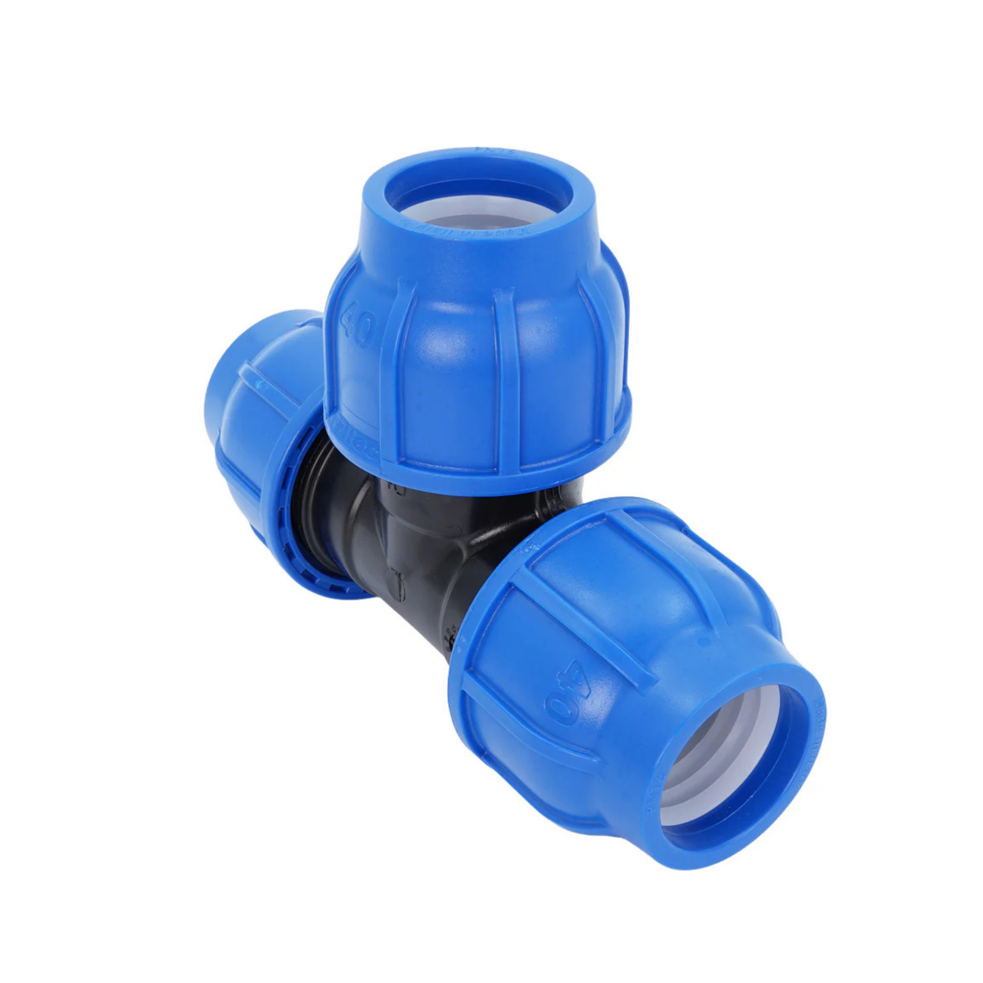 Poly compression Tee for use with 20mm, 25mm, and 32mm MDPE pipe