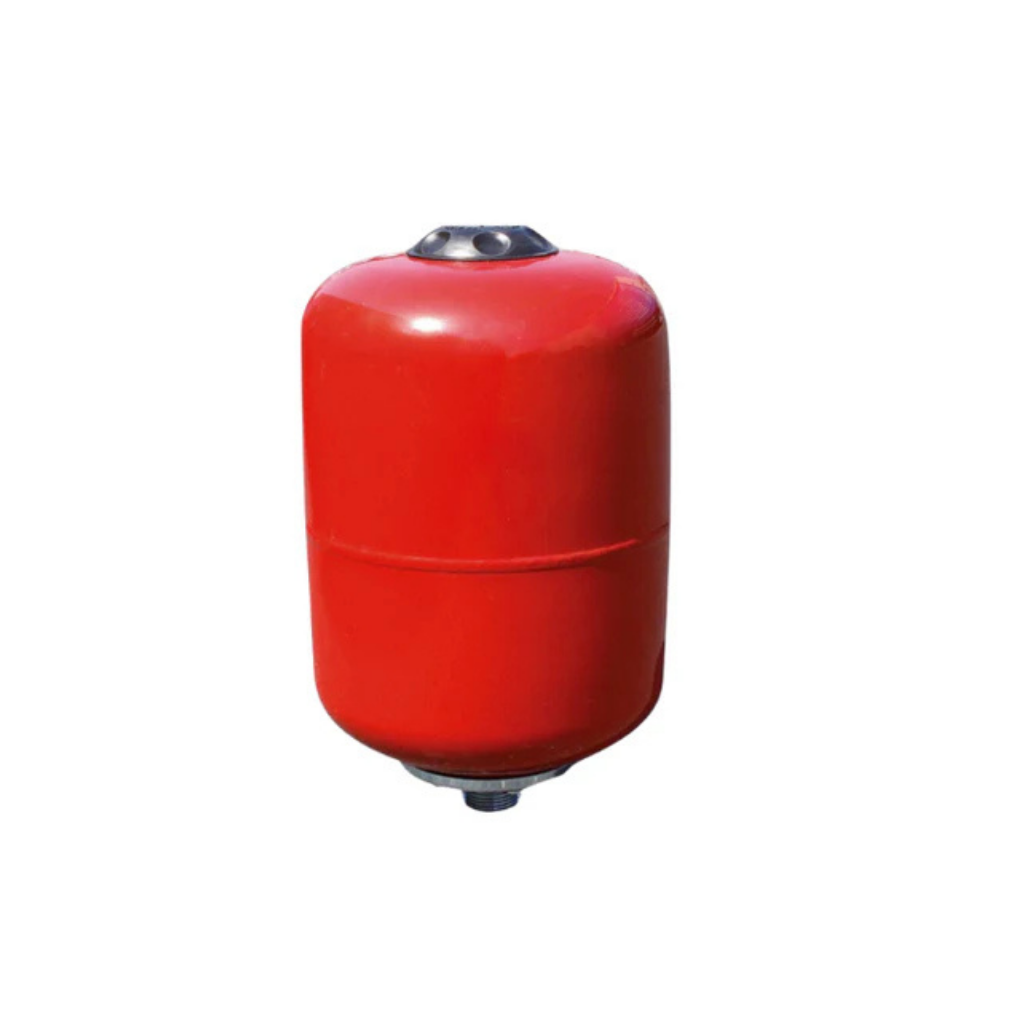 A red cylindrical water expansion tank with a black top cap and bottom fitting, isolated on a white background.