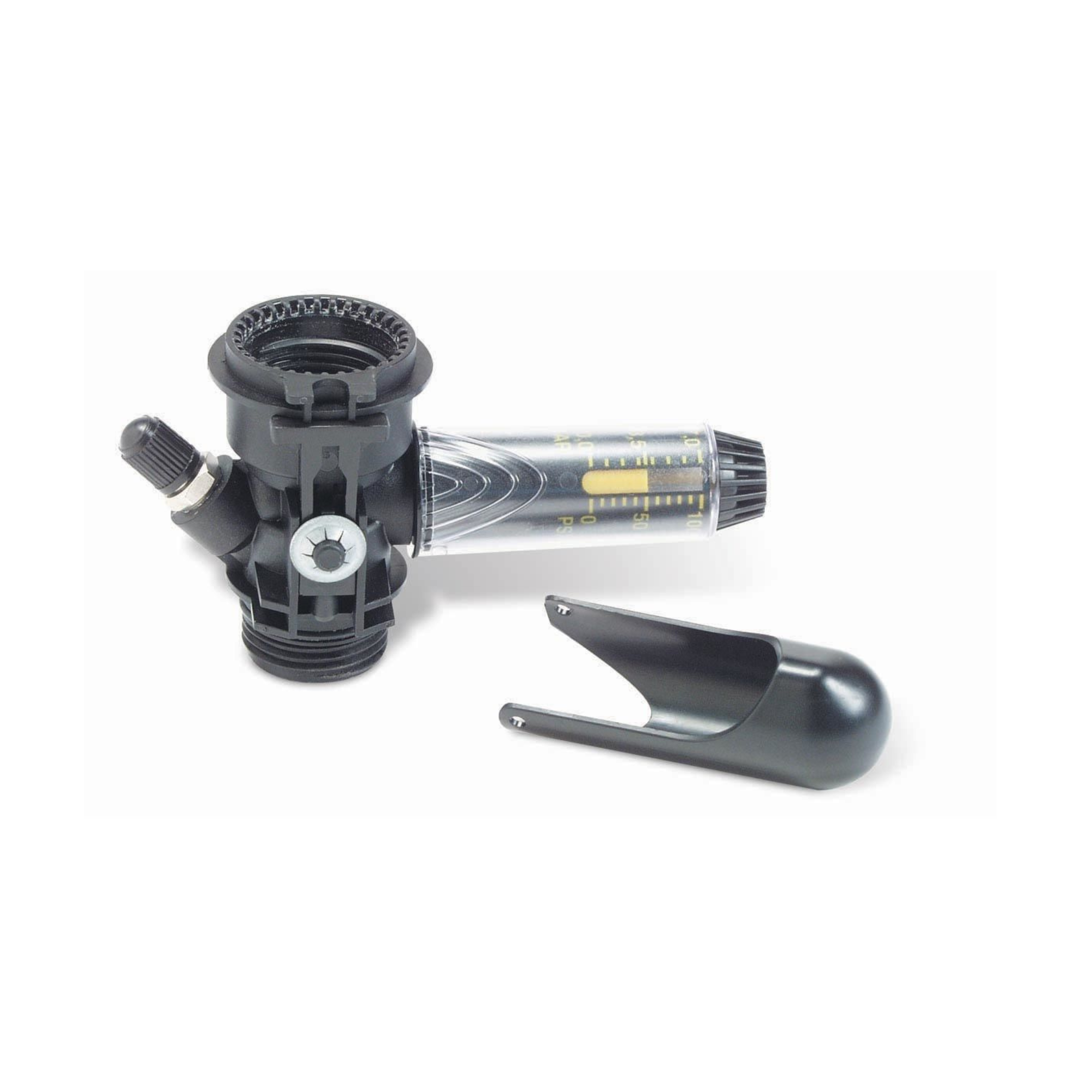 A black RAIN BIRD PRS-Dial pressure regulator for PEB and PGA valves, with an adjustable dial and a mounting bracket.
