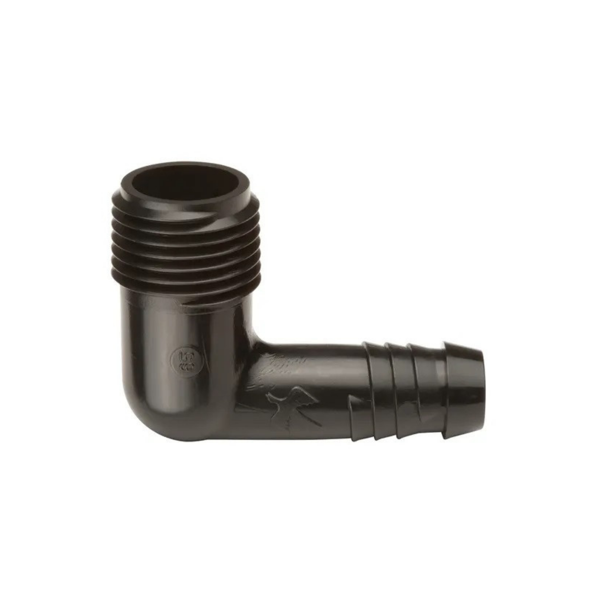 A black/grey 90 degree rain bird spiral barbed elbow adapter on a white background 