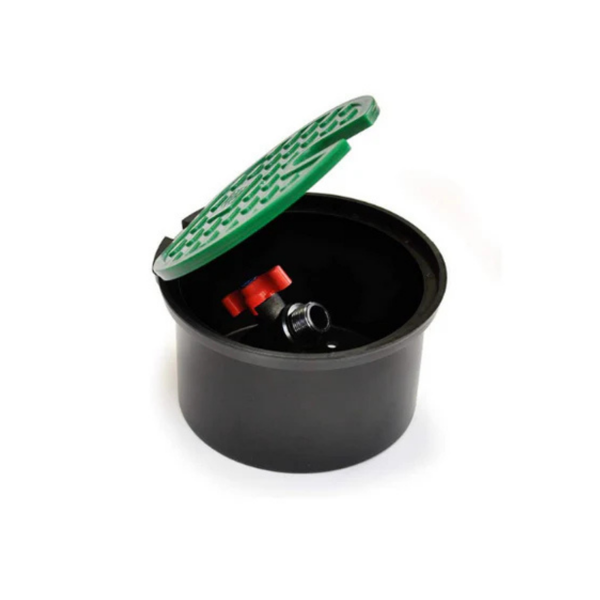 A black circular plastic container with a green textured lid propped open, showing a small red and black component inside, on a white background.