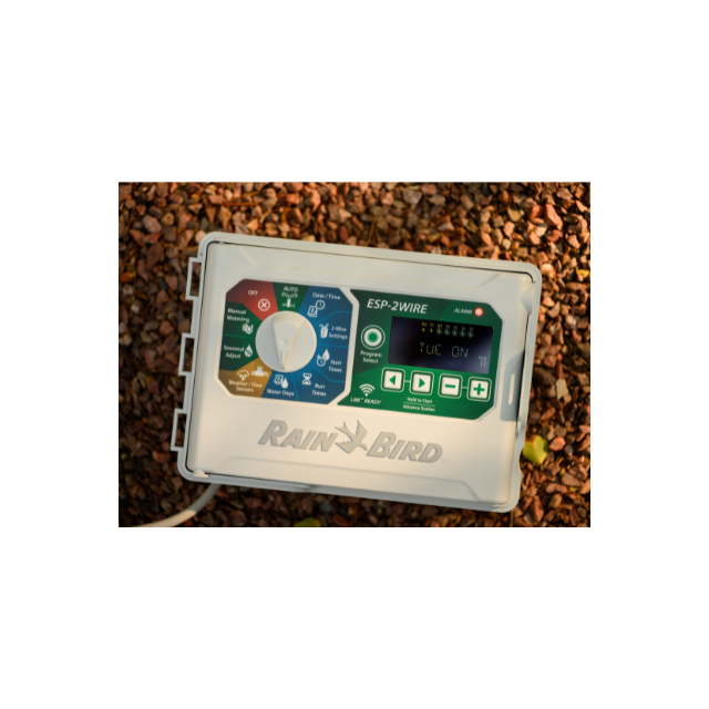 Image of the RAIN BIRD™ ESP-2WIRE irrigation controller, featuring a compact design with a user-friendly interface, designed for efficient water management and control in 2-wire irrigation systems