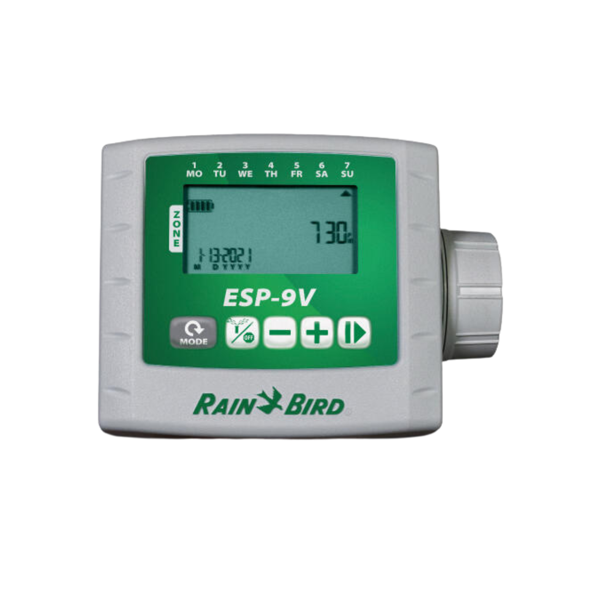 Image of the RAIN BIRD™ ESP-9v Battery Controller Series, featuring a compact design with easy-to-use dial and buttons for programming irrigation schedules, ideal for efficient water management in residential and commercial landscapes