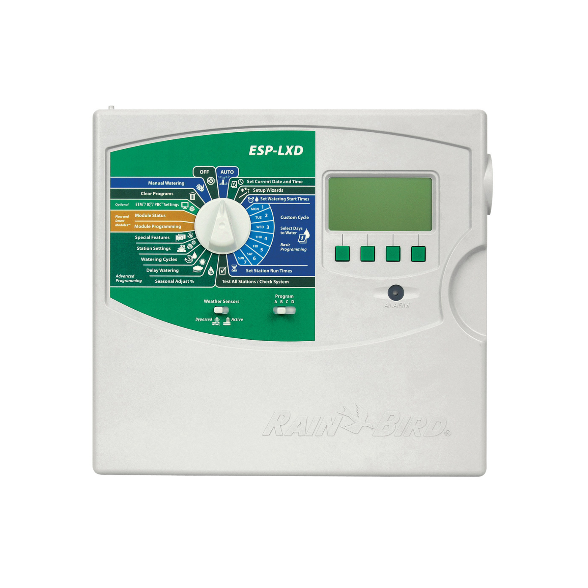 Image of the RAIN BIRD™ ESP-LXD Controller, featuring an advanced digital interface with customizable scheduling options, designed for efficient management of large-scale irrigation systems in commercial and residential applications