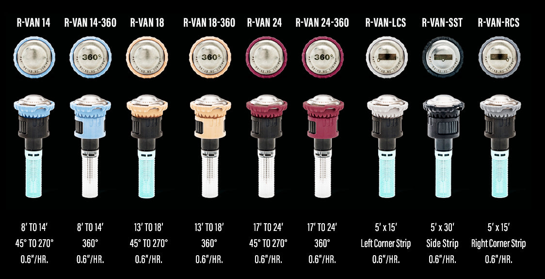 A range of fixed full circle (R) and variable arc (R-VAN) nozzles for the RAIN BIRD™ 1800 series pop ups with adjustable radius of cover
