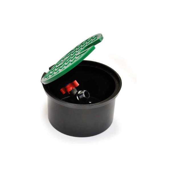 RAIN BIRD™ irrigation valve box with integrated 3/4" brass valve. Designed to be used as a quick and convenient connection point for manual landscape watering
