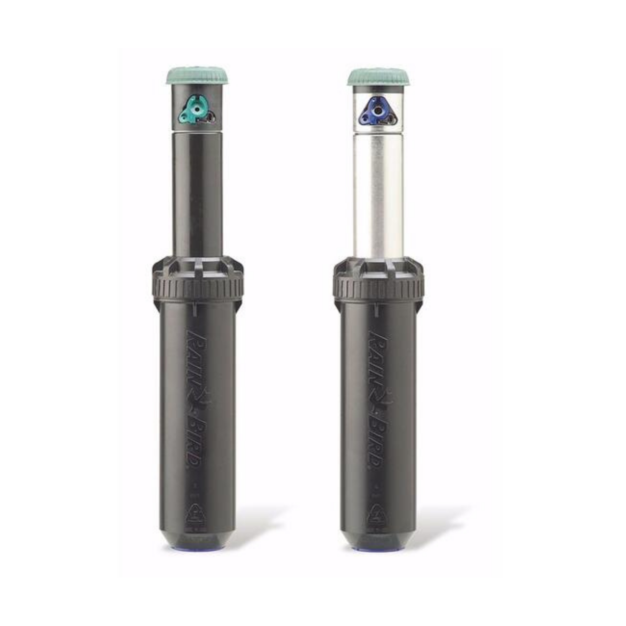 Two Rain Bird 8005 series sprinklers, one with a green top and one with a gray top, against a white background.