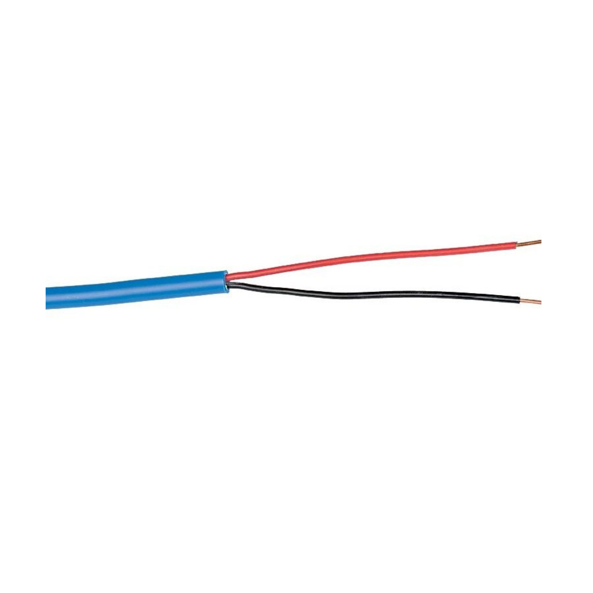 A pair of electrical wires with a blue outer sheath, one red wire and one black wire, both showing bare copper ends, on a plain white background.