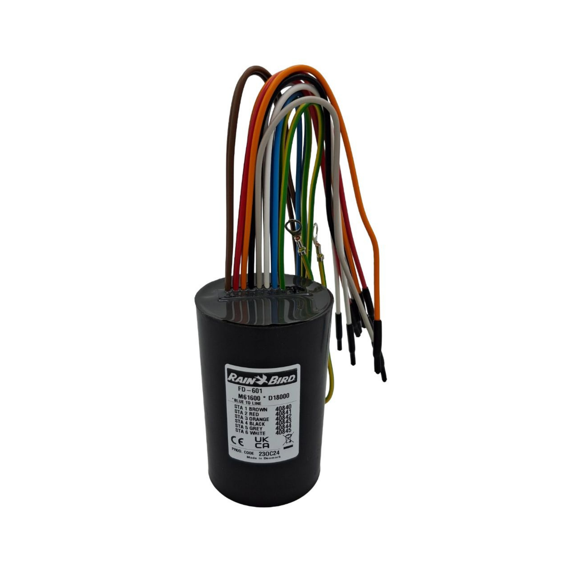 Image of the RAIN BIRD™ Decoder FD101, designed for use in 2-wire irrigation systems, featuring a streamlined design for reliable zone control and efficient system integration