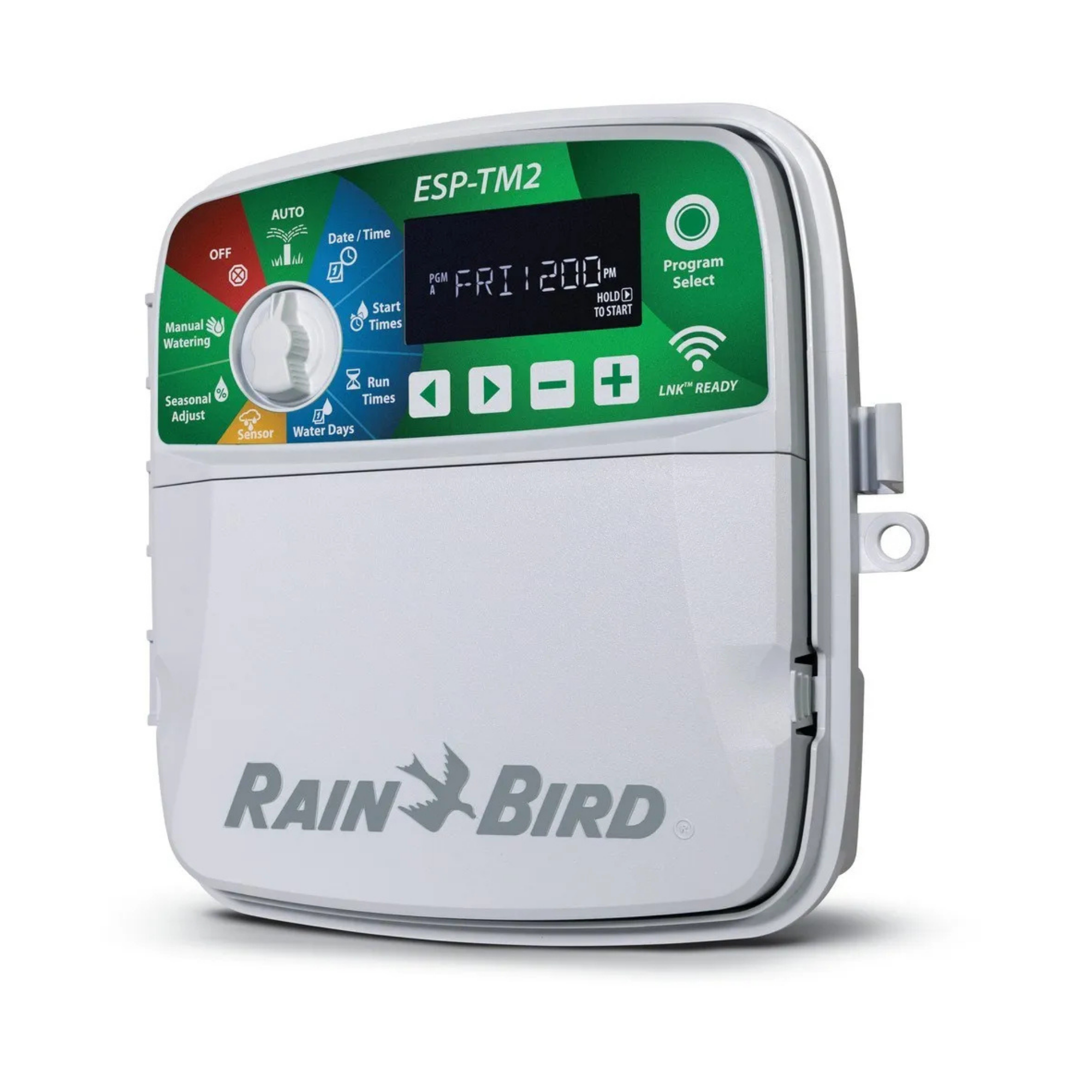 Rain Bird ESP-TM2 smart irrigation controller with a white body, green and blue control panel, and digital display screen.