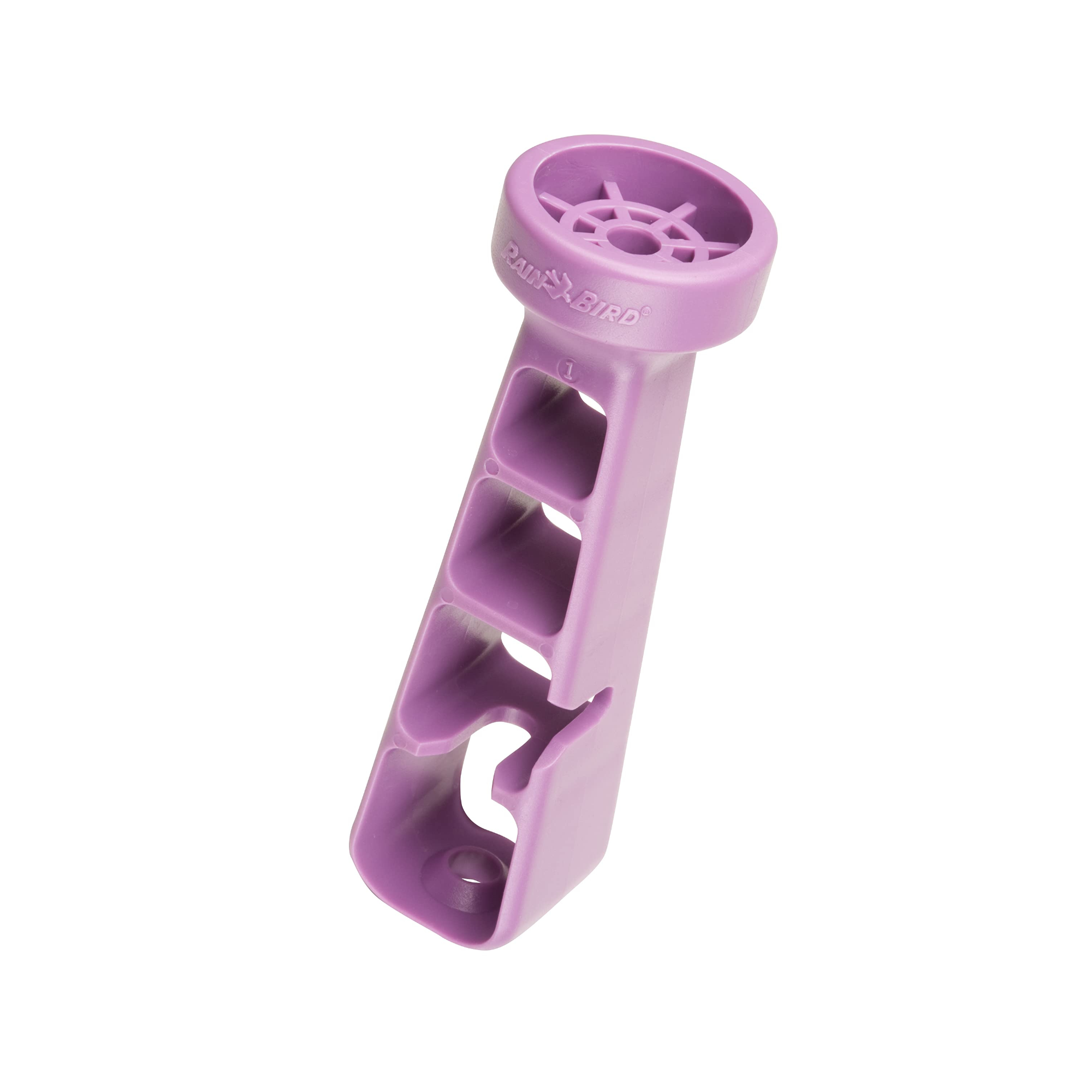 A purple Rain Bird emitter insertion tool designed for installing emitters into LDPE pipe.