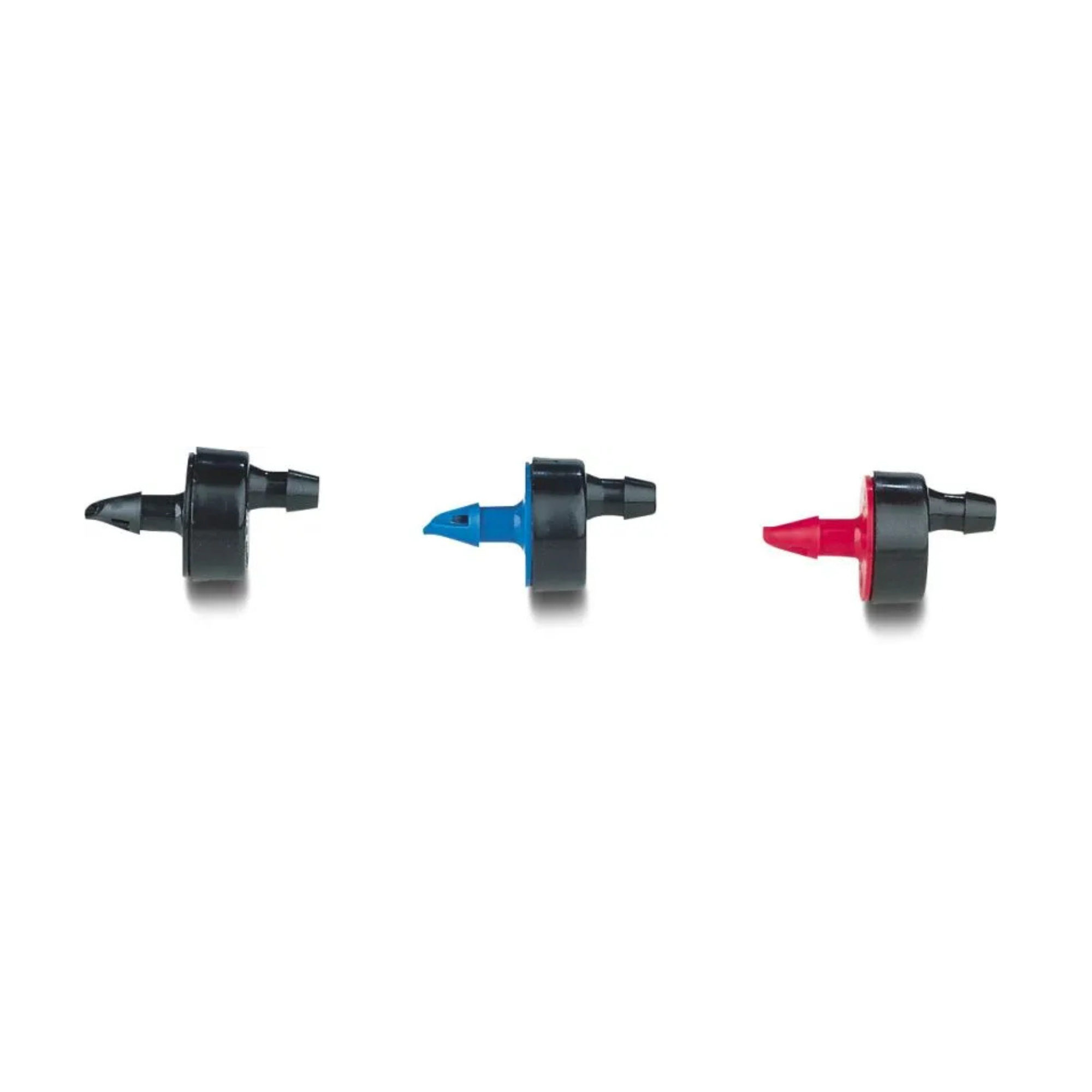 Three Rain Bird self-piercing, pressure compensated drip emitters in black, blue, and red color variations, designed to pierce into LDPE supply pipes.