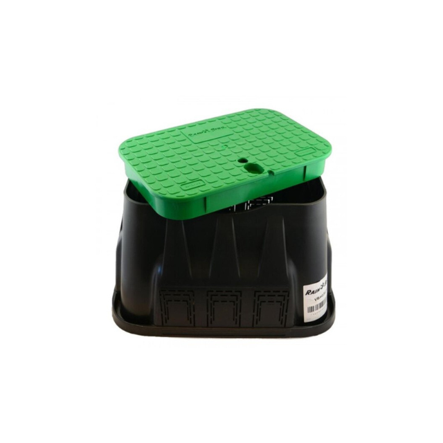 Rain Bird Standard Rectangular valve box:

50.5 cm long

37 cm wide

30.5 cm tall

Bolt-lock cover

Black body, green lid