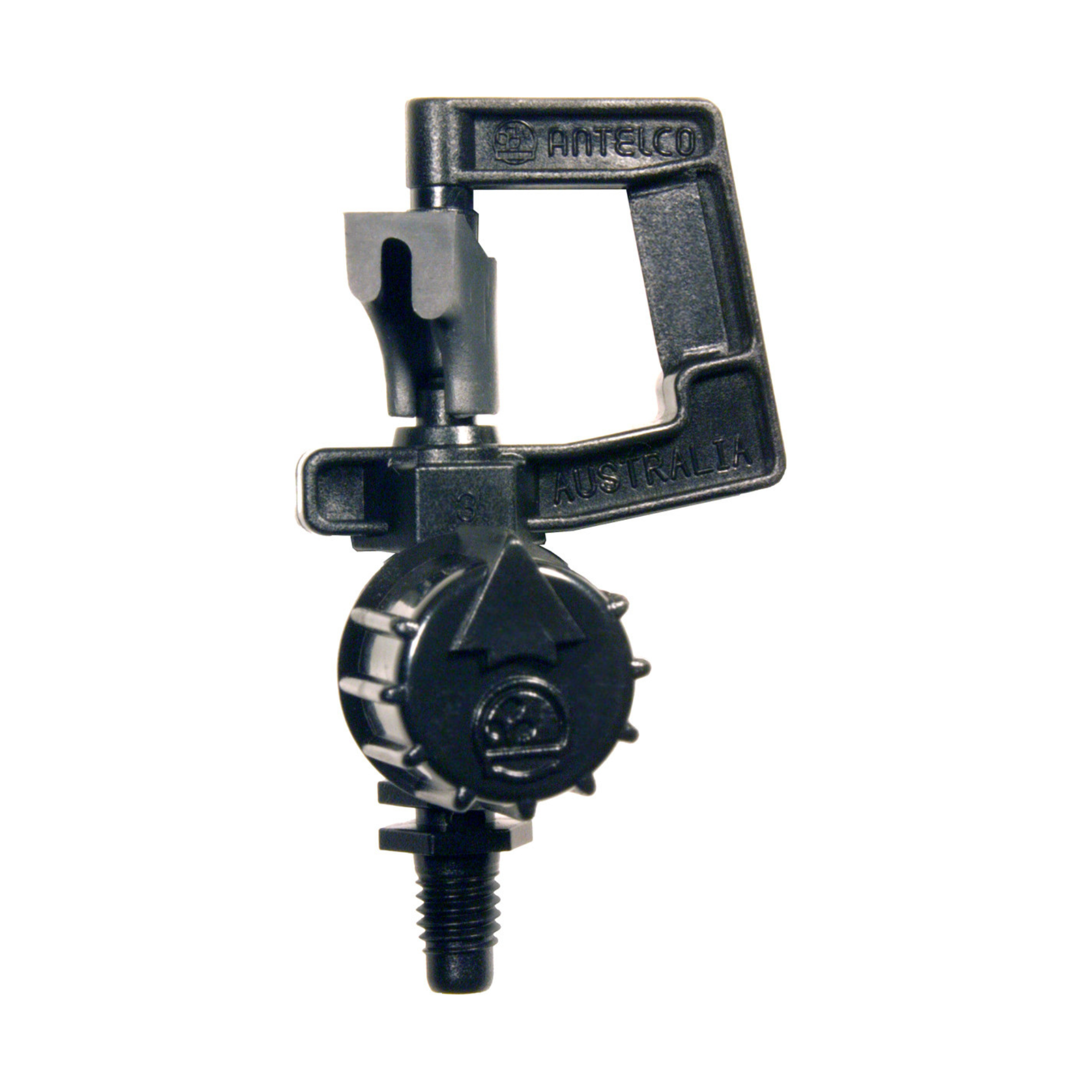 A black micro rotor spray for irrigation systems, showing the side profile of the device.