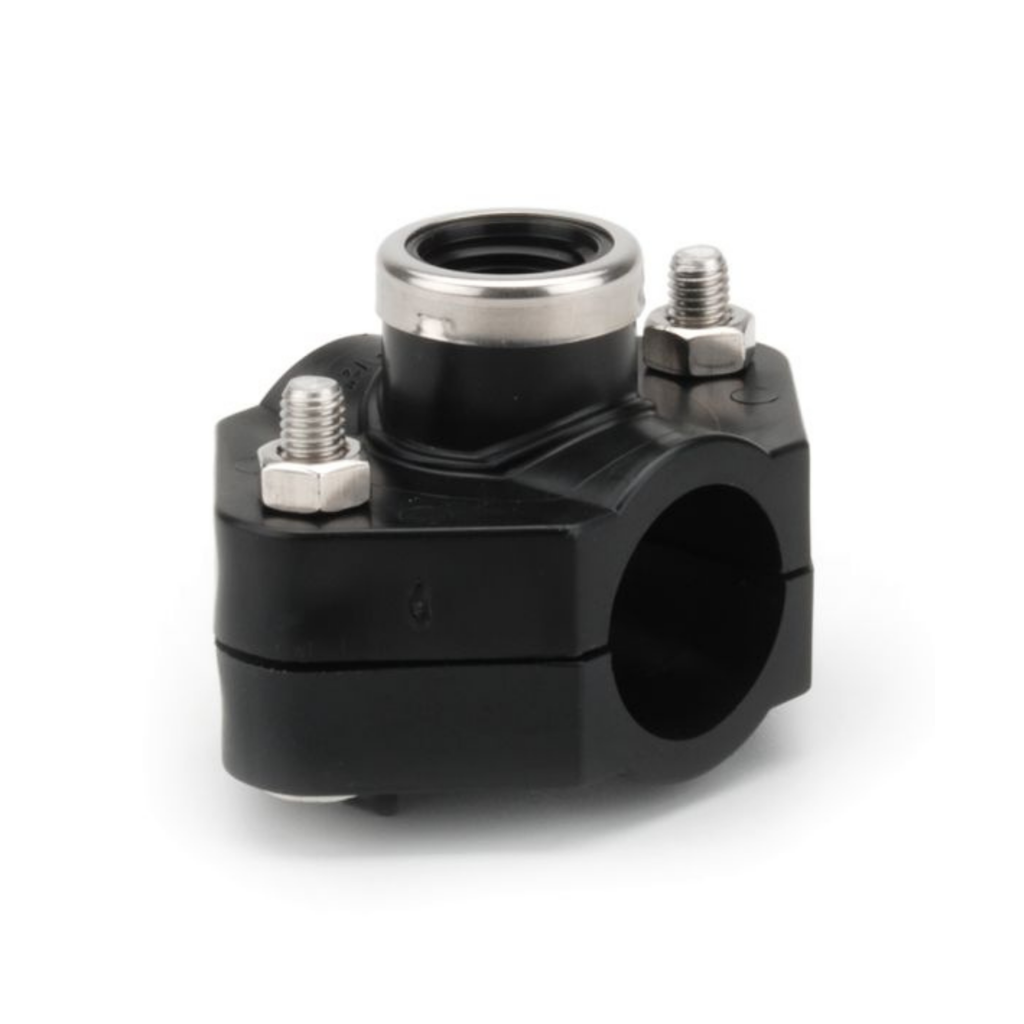 Single outlet saddle fitting for connecting irrigation lines to main supply pipe systems