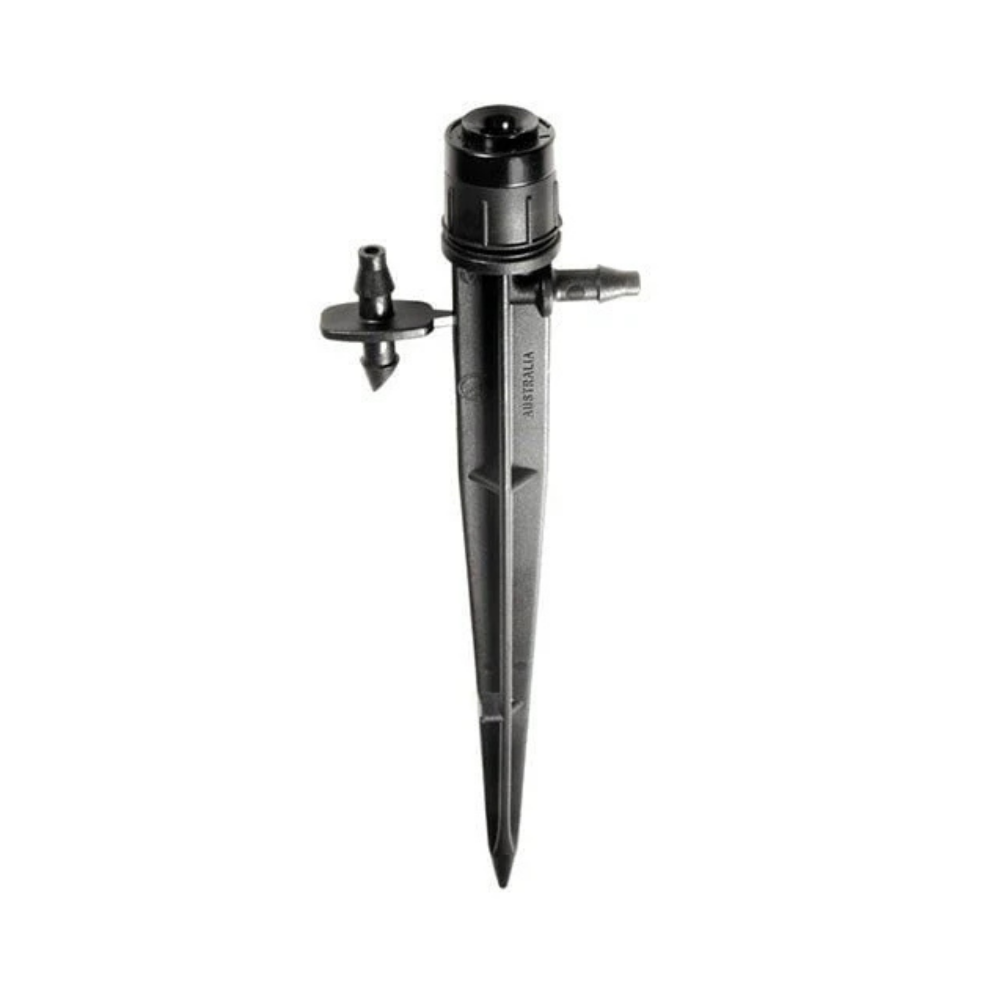 A black adjustable flow spike irrigation emiter with a barb for tubing attachment, designed for use in gardening.