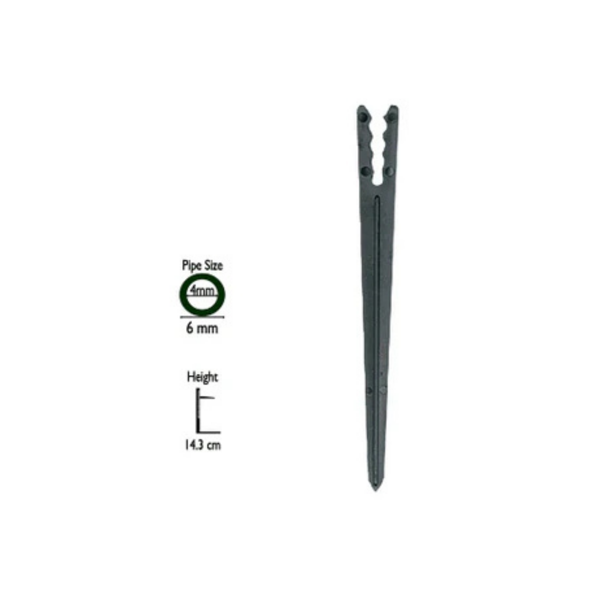 Image of a supporting drip spike designed for 6mm tubing, featuring a sturdy construction that provides stability and secure placement for micro-irrigation systems in garden and landscape settings