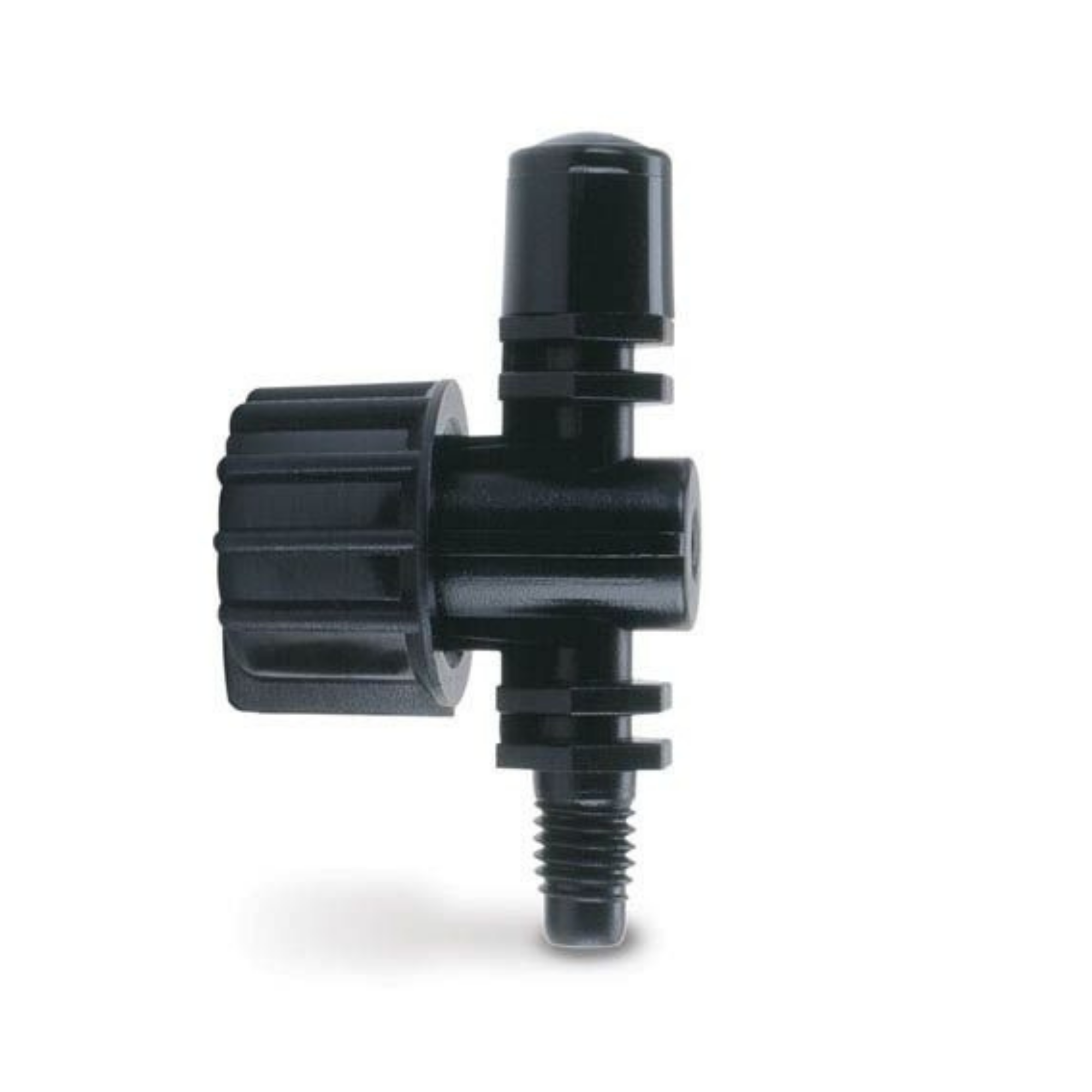 A black microspray nozzle with a threaded end and an adjustment knob, designed for a 360 degree-arc spray pattern.